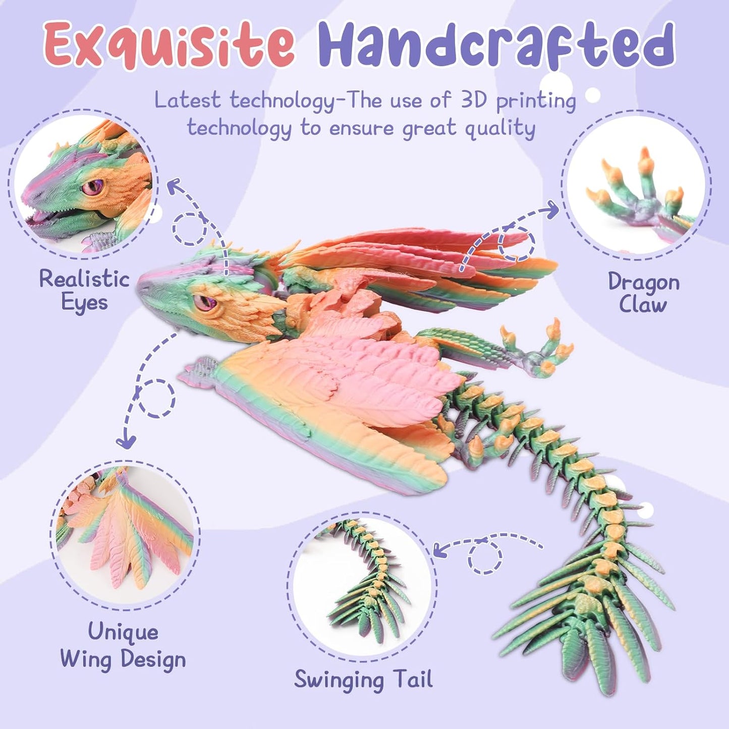 hocado3D Printed Dragon Feathered Wyvern Dragon Articulated Dragon,3D Printed Dragon with Wings, Dragon Fidget Toy Dragon Toys for Kids,Home Office Decor (Black) (Candy)