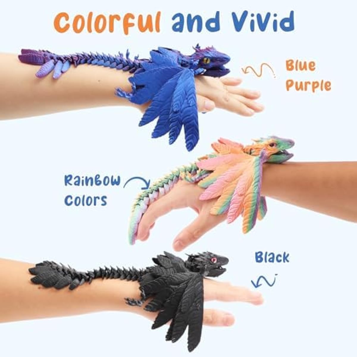 hocado3D Printed Dragon Feathered Wyvern Dragon Articulated Dragon，3D Printed Dragon with Wings, Dragon Fidget Toy Dragon Toys for Kids,Home Office Decor (Black) (Candy)