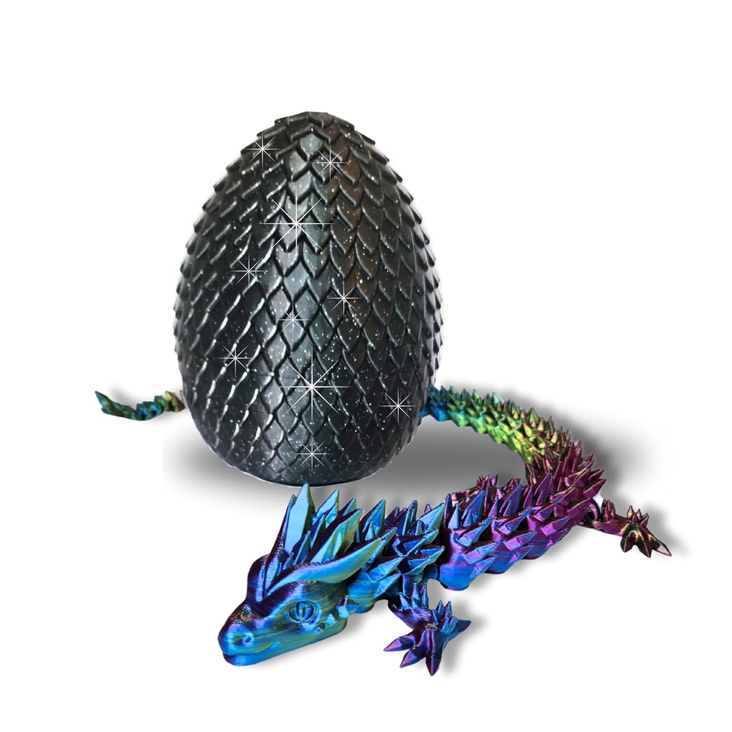 20" Articulated Dragon - Made in USA - 3D Printed Dragon (RAINBOW WITH BLUE EGG)