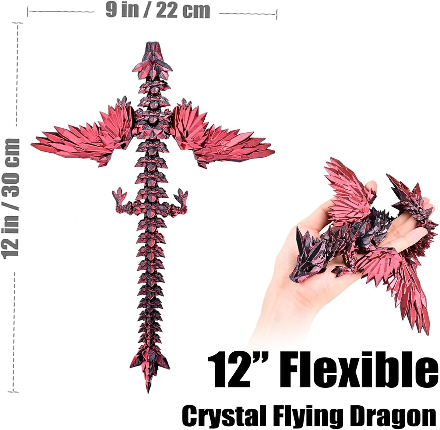 3D Printed Dragon with Wings Flying Dragon, Articulated 3D Dragon Toys, 3D Printed Crystal Wing Dragon Without Dragon Egg, Black RED