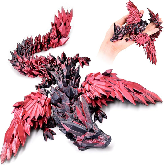 3D Printed Dragon with Wings Flying Dragon, Articulated 3D Dragon Toys, 3D Printed Crystal Wing Dragon Without Dragon Egg, Black RED