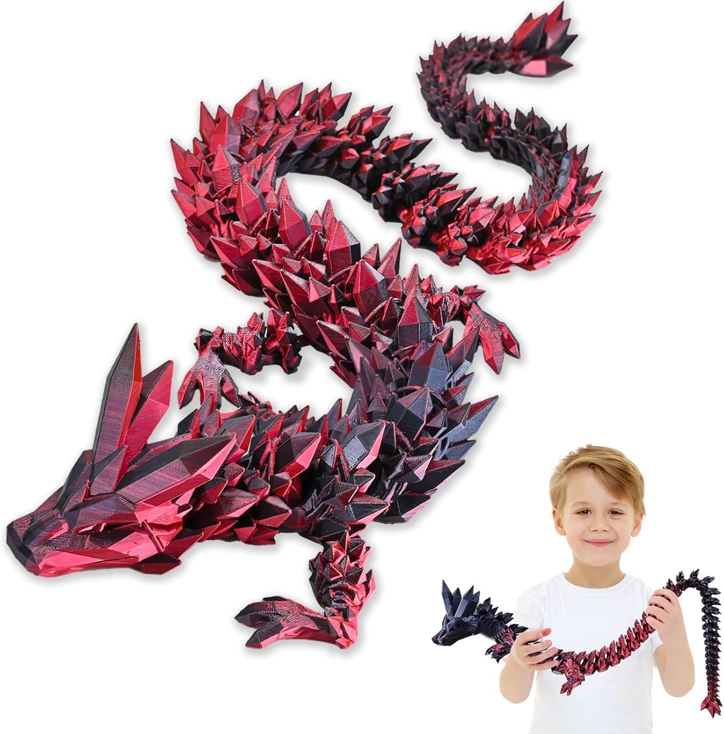 3D Printed Dragon with Wings Flying Dragon, Articulated 3D Dragon Toys, 3D Printed Crystal Wing Dragon Without Dragon Egg, Black RED