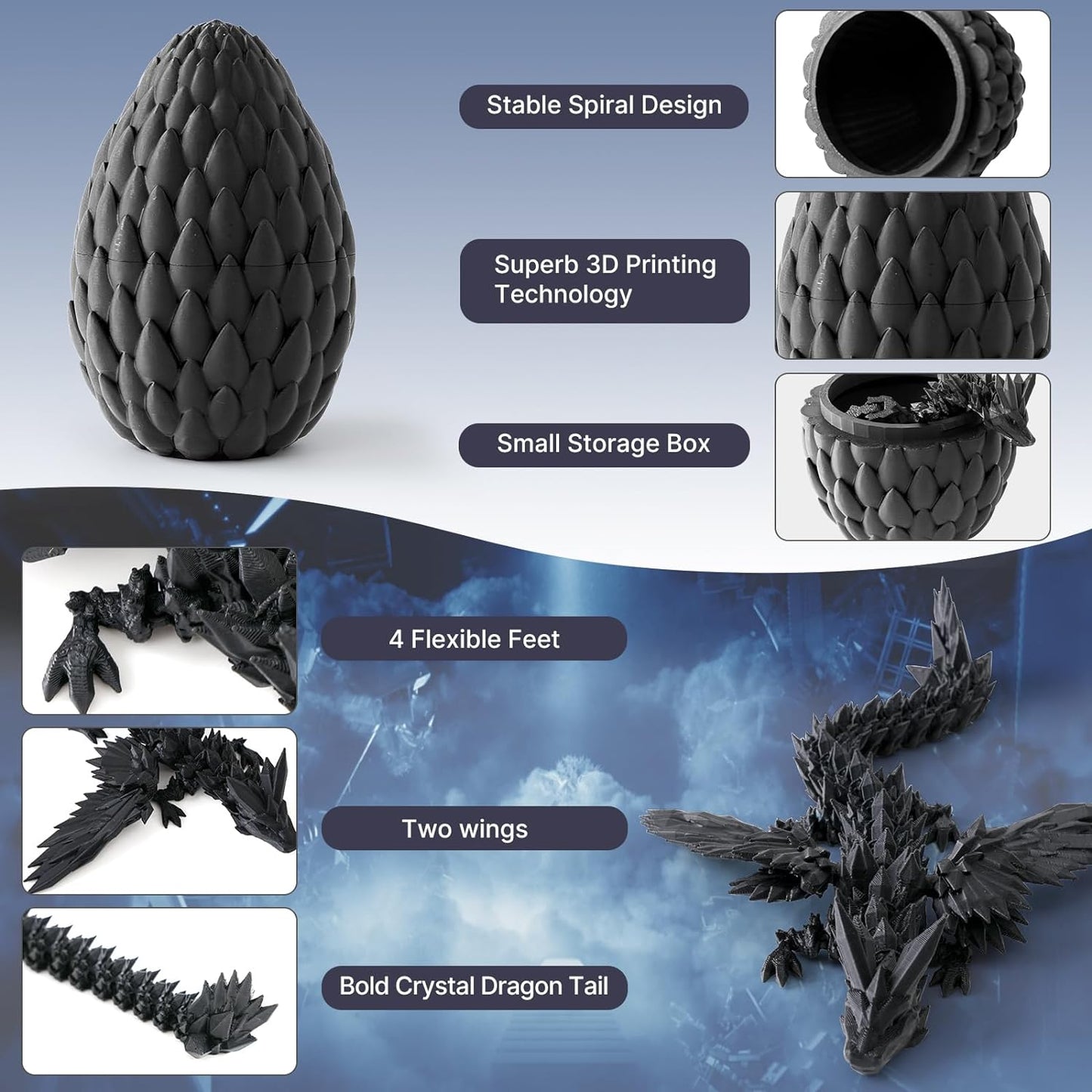 3D Printed Dragon in Eggs Wing Dragon Egg Flying Articulated Dragon Crystal Dragon Fidget Toy with Dragon Eggs Flexible Executive Desk Toys Home Office Decor (Black Wing Dragon Egg)