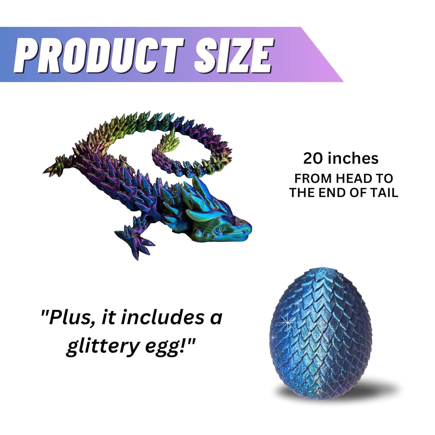 20" Articulated Dragon - Made in USA - 3D Printed Dragon (RAINBOW WITH BLUE EGG)