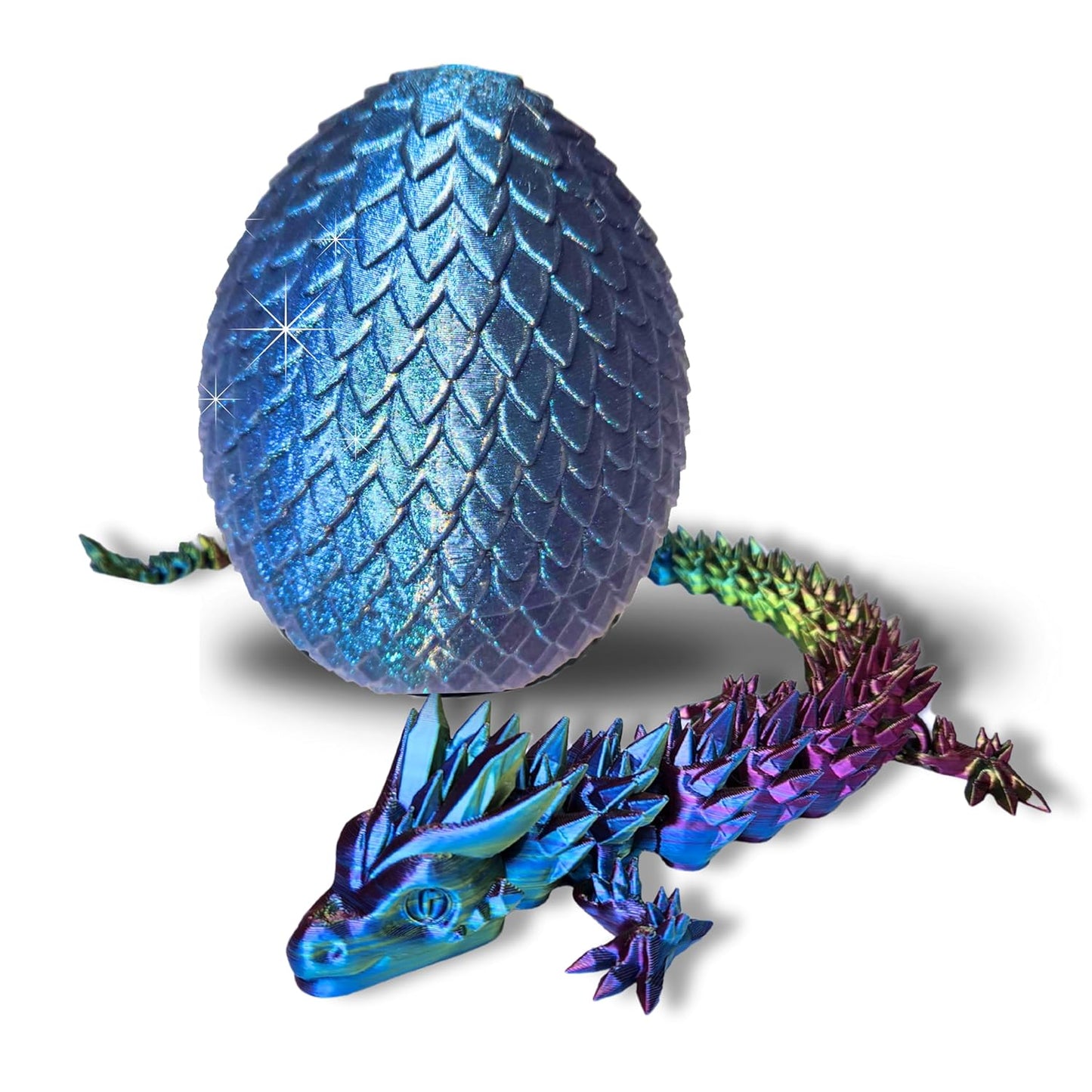 20" Articulated Dragon - Made in USA - 3D Printed Dragon (RAINBOW WITH BLUE EGG)