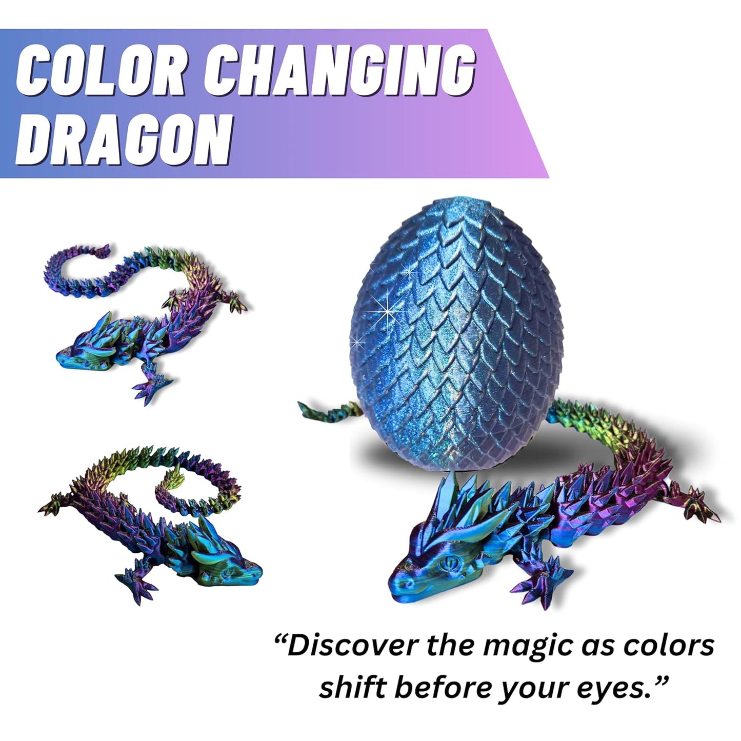 20" Articulated Dragon - Made in USA - 3D Printed Dragon (RAINBOW WITH BLUE EGG)